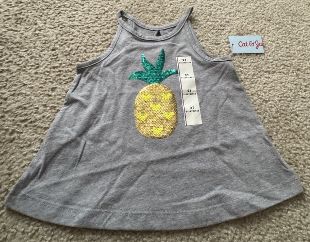 Cat & Jack Toddler Girls 2T Gray Sequin Pineapple Swing Tank Top NWT NEW
